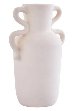 Tova White Tall Vase with Abstract Handles, showing the glazed finish.