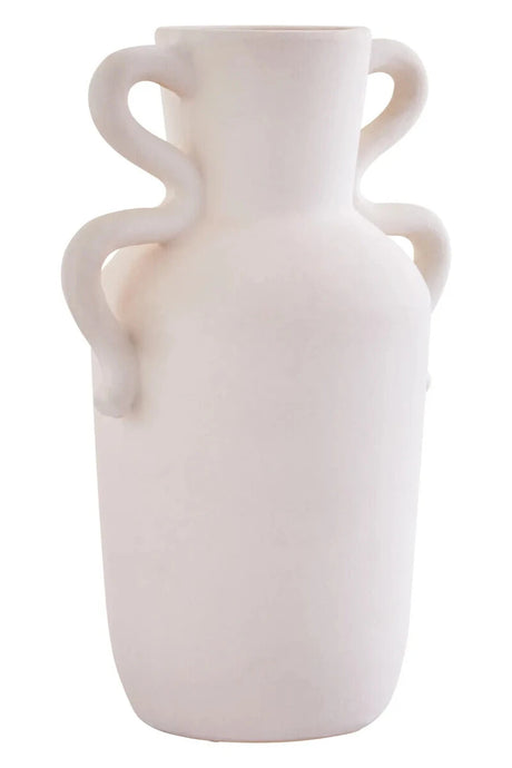 Tova White Tall Vase with Abstract Handles, showing the glazed finish.