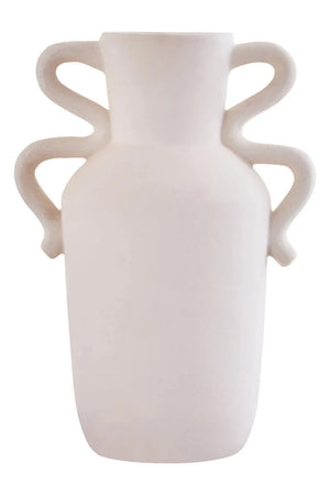 Tova White Tall Vase with Abstract Handles, a tall white glazed stoneware vase with a pair of sculptural abstract handles.