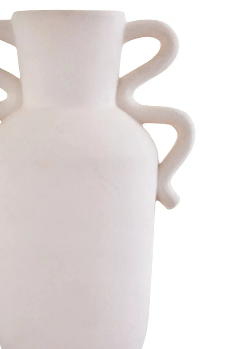 Tova White Tall Vase with Abstract Handles, shown from another angle.