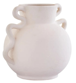 Tova White Wide Vase with Abstract Handles, showing the glazed finish.