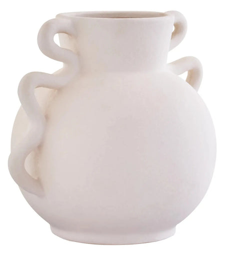 Tova White Wide Vase with Abstract Handles, showing the glazed finish.