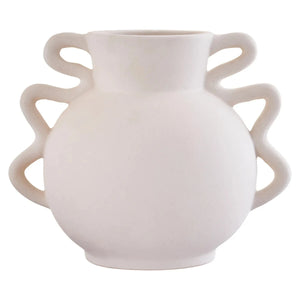 Tova White Wide Vase with Abstract Handles, a wide white glazed stoneware vase with a pair of sculptural abstract handles.