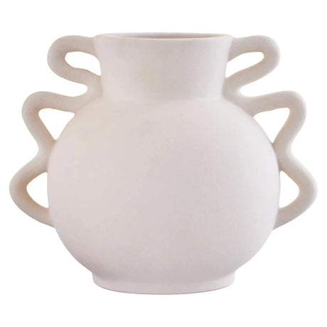 Tova White Wide Vase with Abstract Handles, a wide white glazed stoneware vase with a pair of sculptural abstract handles.