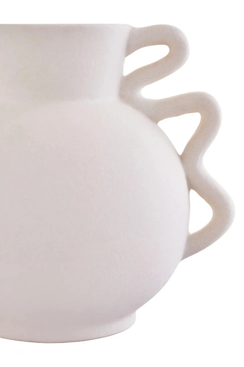 Tova White Wide Vase with Abstract Handles, shown from another angle.