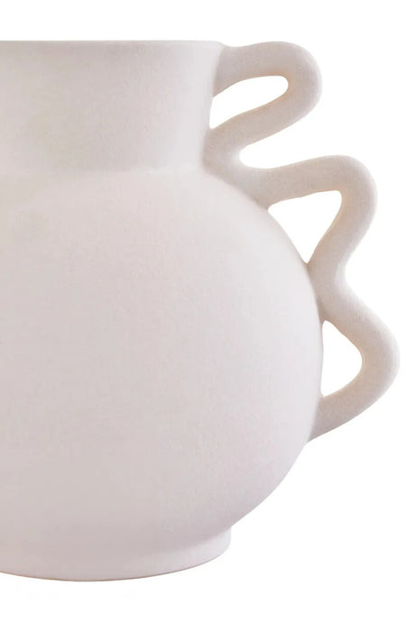 Tova White Wide Vase with Abstract Handles, shown from another angle.