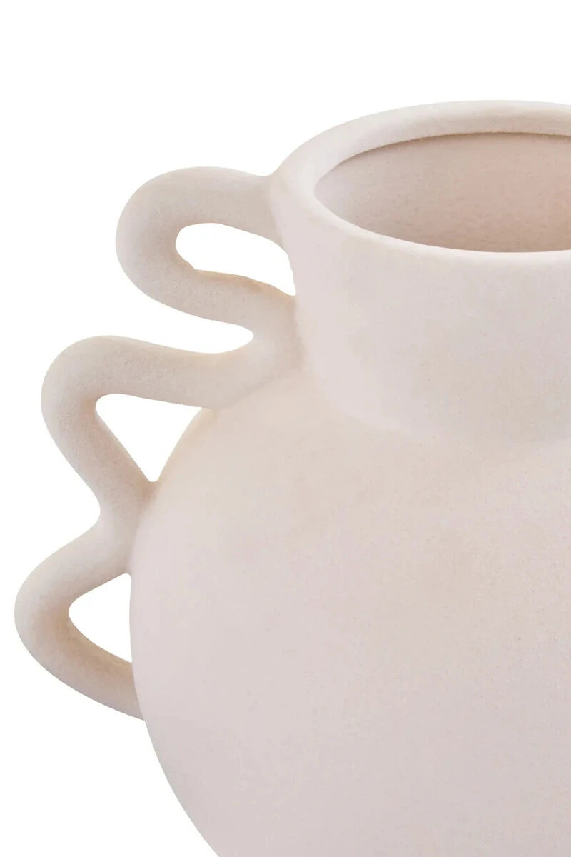 Tova White Wide Vase with Abstract Handles, detail of the abstract handles.