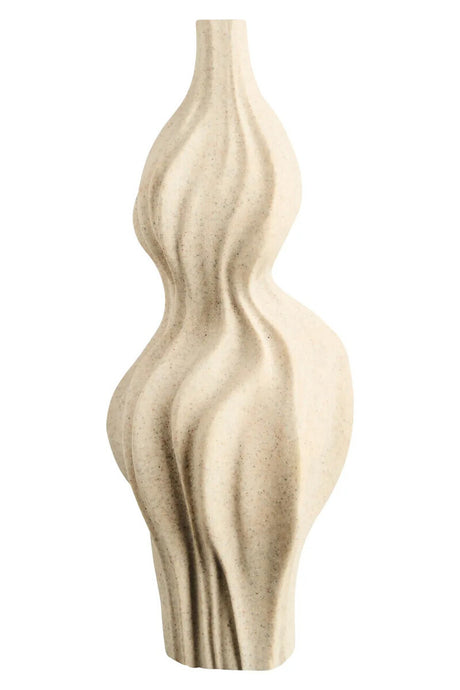 A curved beige ceramic vase on a white background