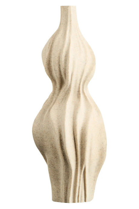 A wavy beige ceramic vase on a white background