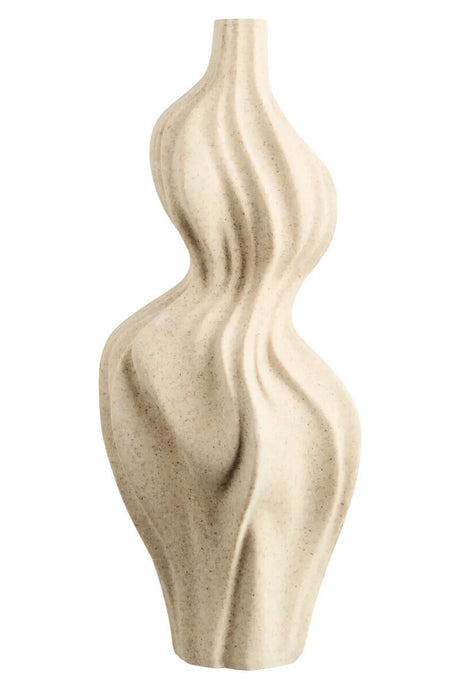 A curved wavy beige ceramic vase on a white background