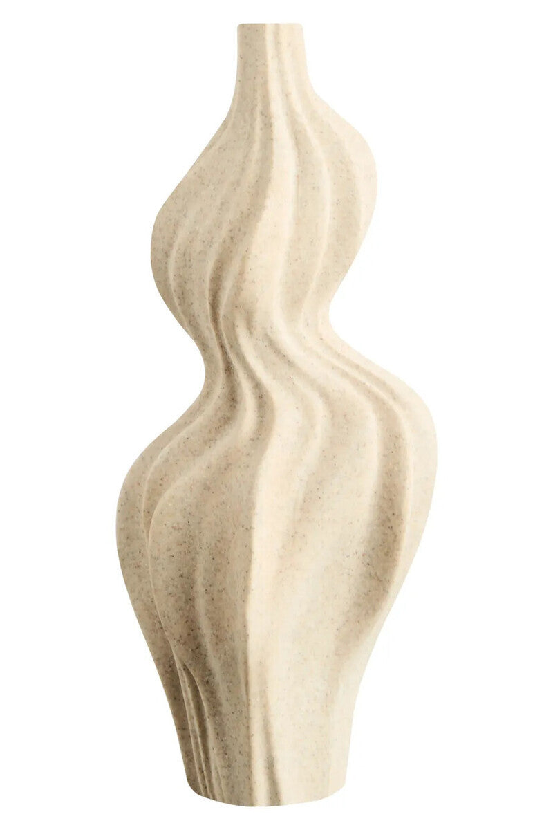 Beige ceramic vase with wavy design on a white background