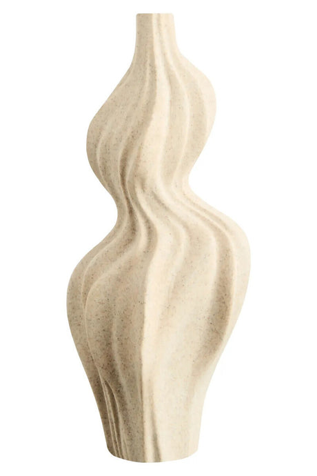 Beige ceramic vase with wavy design on a white background