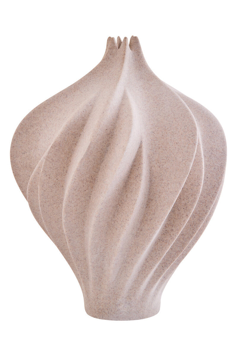 Beige ceramic vase with textured surface on a white background