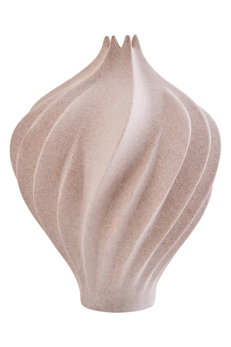 A beige wave detail sandstone effect vase on a white background