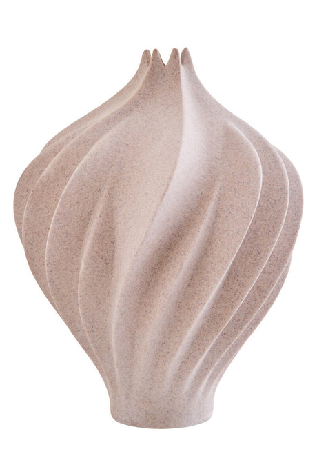A beige wave detail sandstone effect vase on a white background