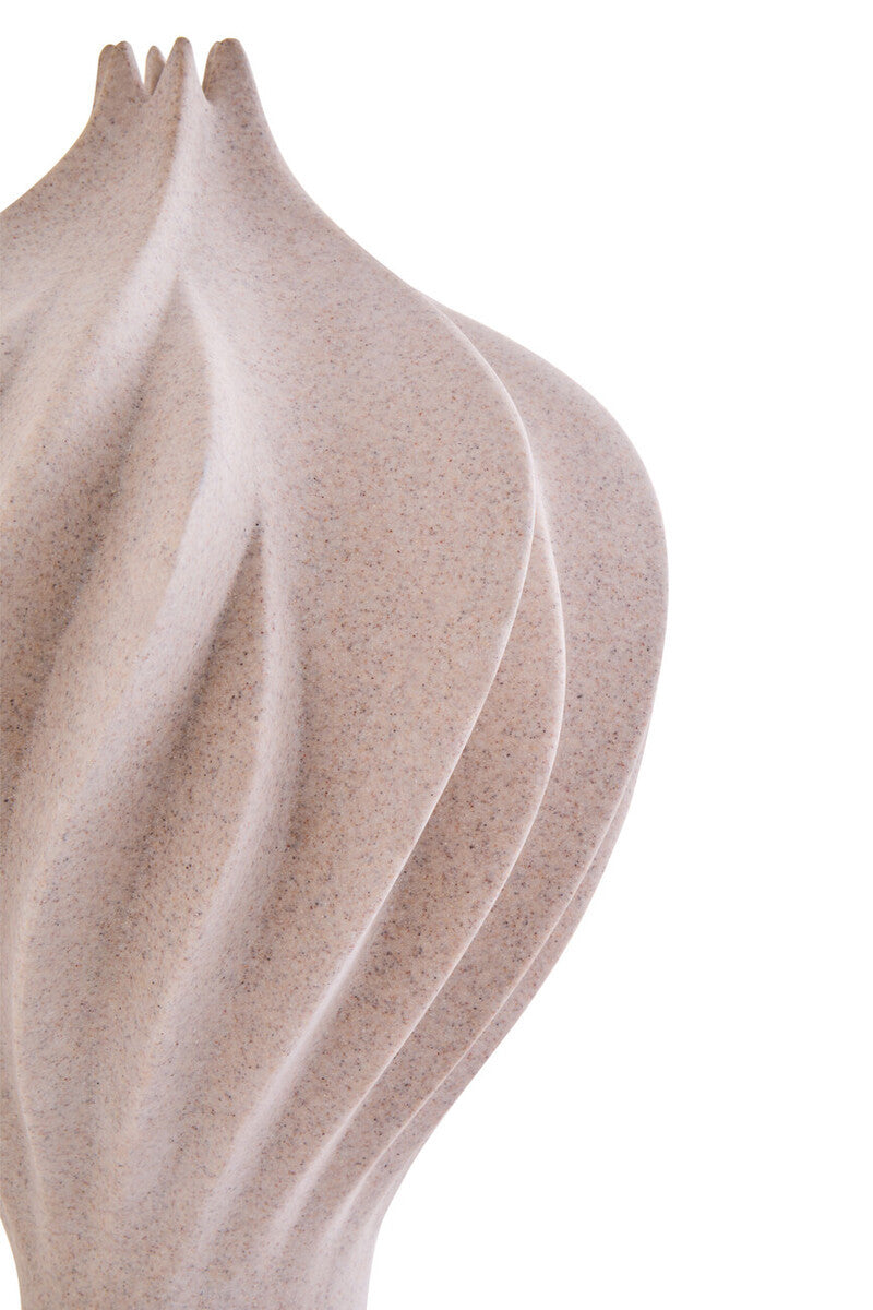 Beige sandstone effect textured vase with ribbed detailing on white background