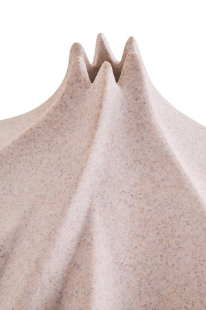 Close up of the neck of a beige sandstone effect textured vase on a white background
