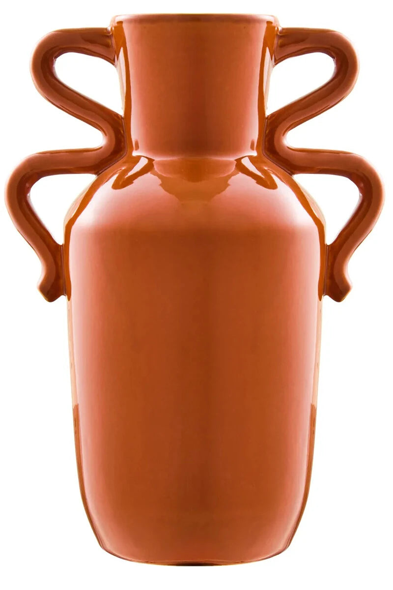 Tova Burnt Orange Tall Vase with Abstract Handles, a tall burnt orange glazed stoneware vase with a pair of sculptural abstract handles.