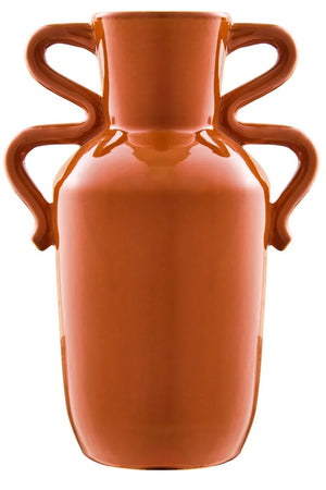 Tova Burnt Orange Tall Vase with Abstract Handles, a tall burnt orange glazed stoneware vase with a pair of sculptural abstract handles.