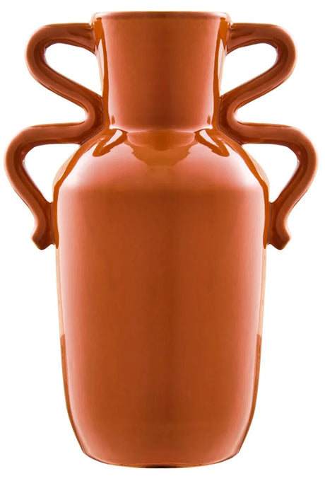 Tova Burnt Orange Tall Vase with Abstract Handles, a tall burnt orange glazed stoneware vase with a pair of sculptural abstract handles.