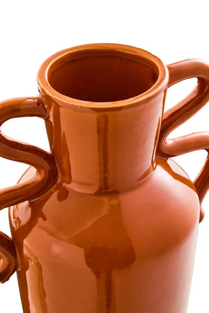Tova Burnt Orange Tall Vase with Abstract Handles, showing the glazed finish.