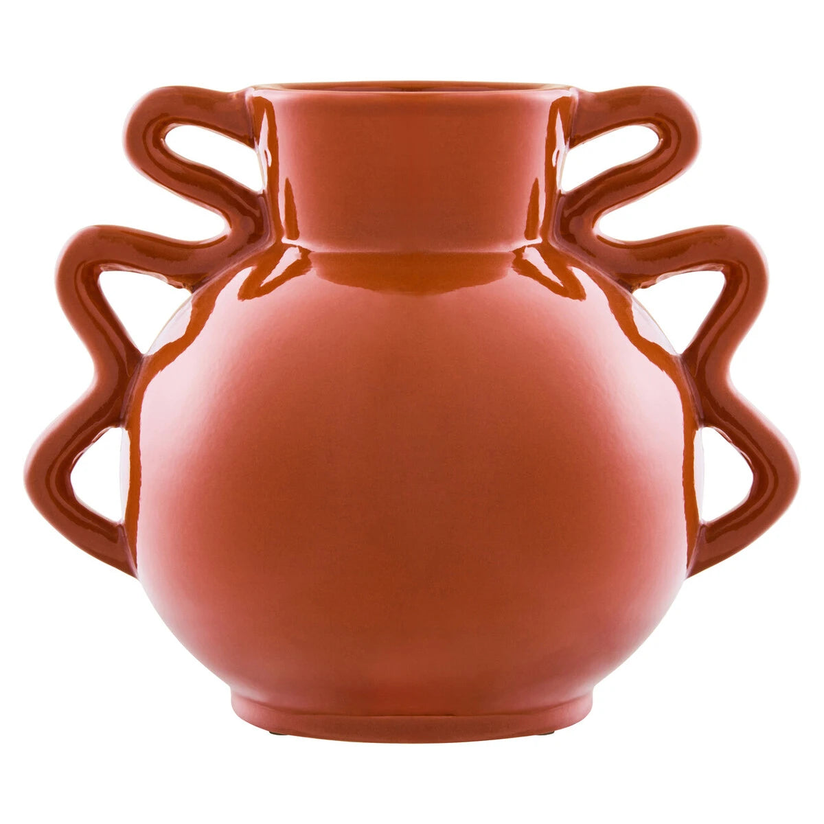 Tova Burnt Orange Wide Vase with Abstract Handles, a wide burnt orange glazed stoneware vase with a pair of sculptural abstract handles.