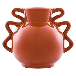 Tova Burnt Orange Wide Vase with Abstract Handles, a wide burnt orange glazed stoneware vase with a pair of sculptural abstract handles.