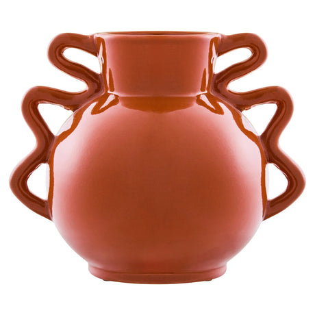 Tova Burnt Orange Wide Vase with Abstract Handles, a wide burnt orange glazed stoneware vase with a pair of sculptural abstract handles.