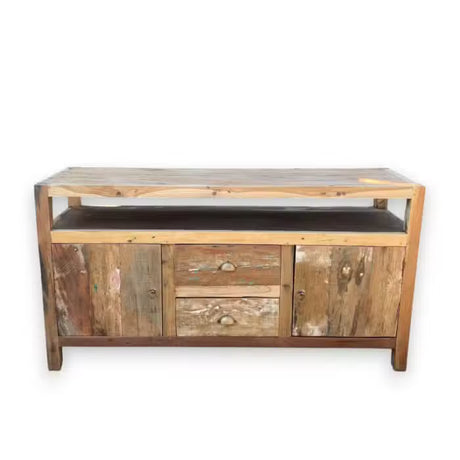 Wooden TV stand with a rustic design on a white background