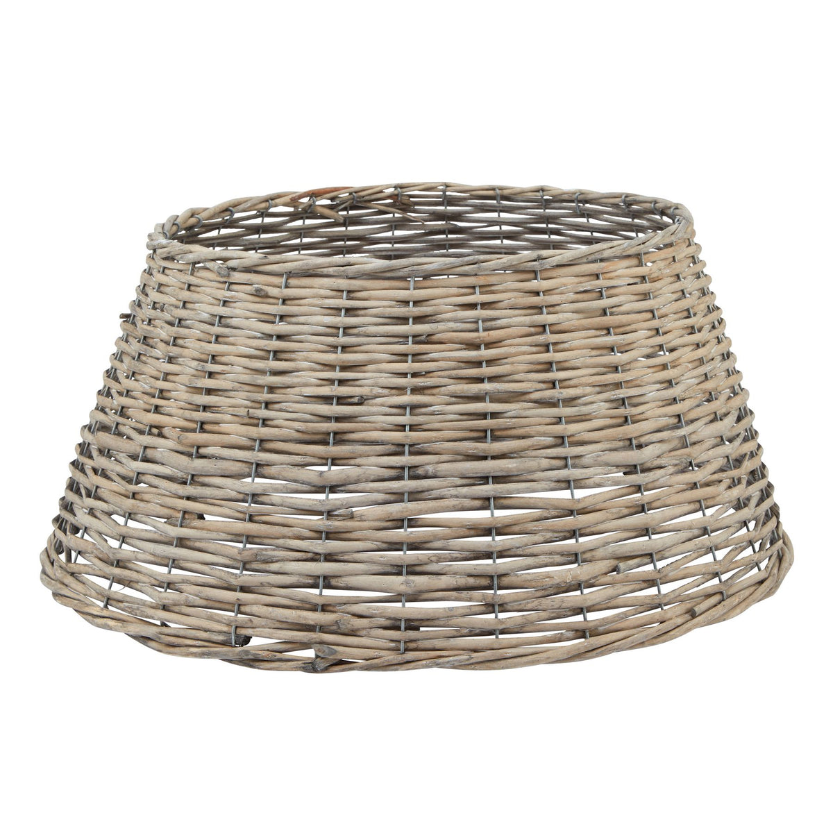 Wicker Christmas Tree Skirt, a round grey-washed woven wicker collar with a bound rim