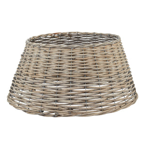 Wicker Christmas Tree Skirt, a round grey-washed woven wicker collar with a bound rim