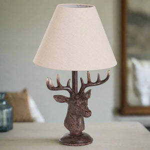 Stag Head Table Lamp with linen shade, rustic lamp