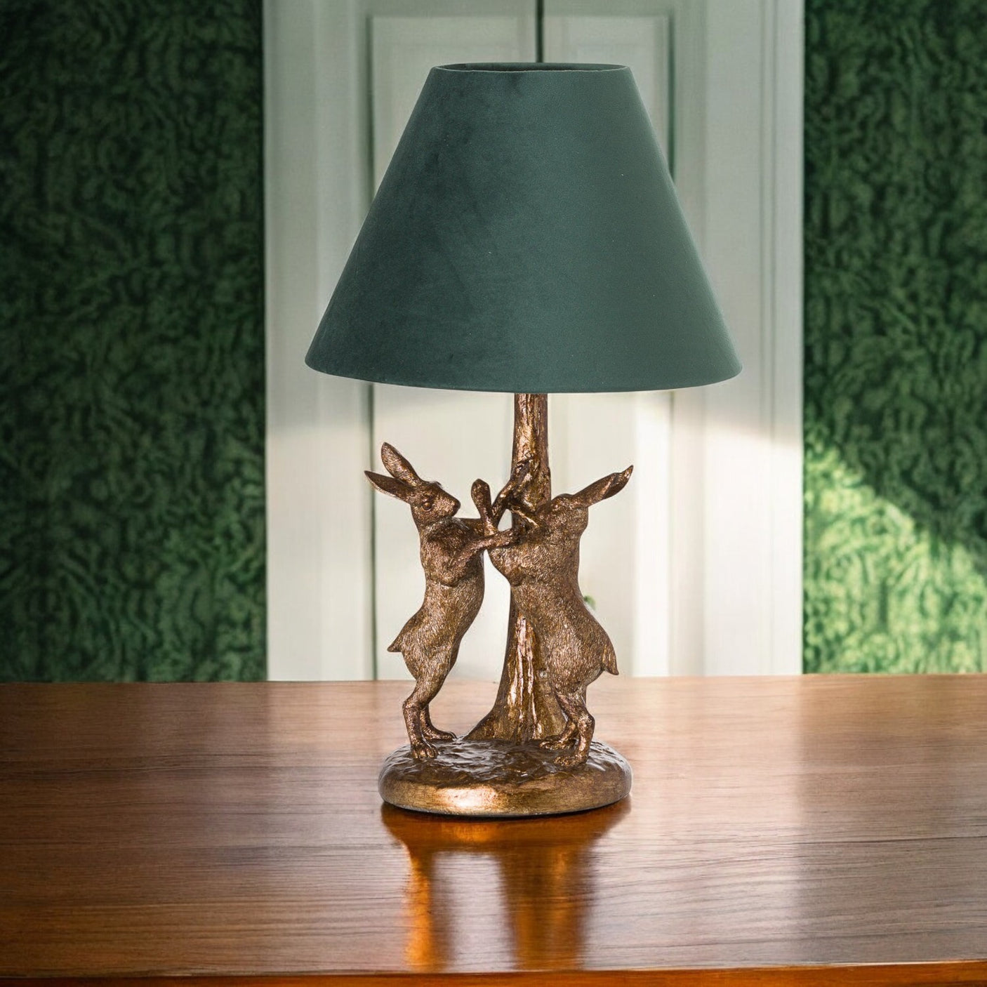 Antique Gold Marching Hares Lamp With Green Velvet Shade