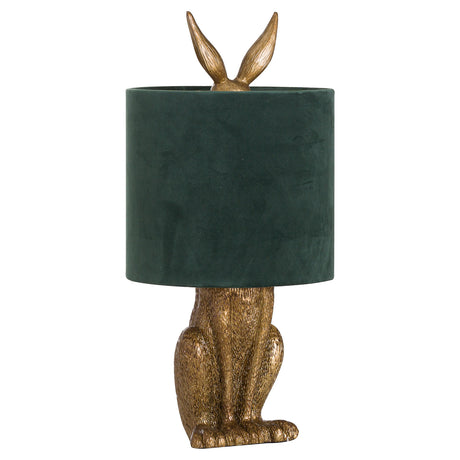 Antique Gold Hare Table Lamp with green velvet shade, quirky lighting