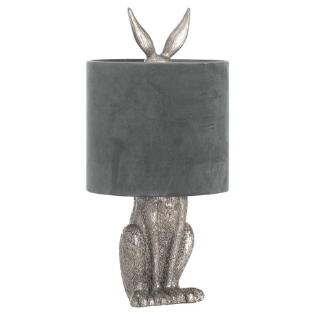 Silver Hare Table Lamp with grey velvet shade, statement lighting