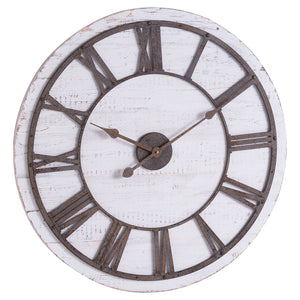 Rustic Wooden Clock in distressed white wood with rust-brown metal Roman numerals and aged hands, on a white background