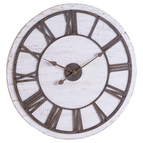 Rustic Wooden Clock in distressed white wood with rust-brown metal Roman numerals and aged hands, on a white background