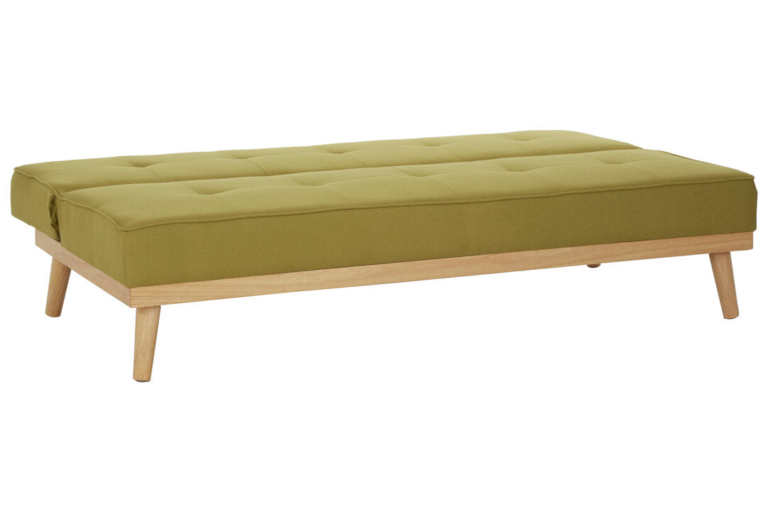 Lime green fabric sofa bed on a white background laid out flat as a bed