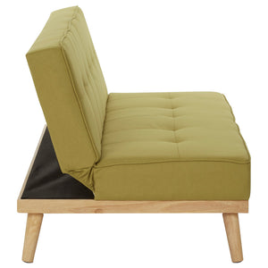 Side view of a lime green fabric sofa bed on a white background