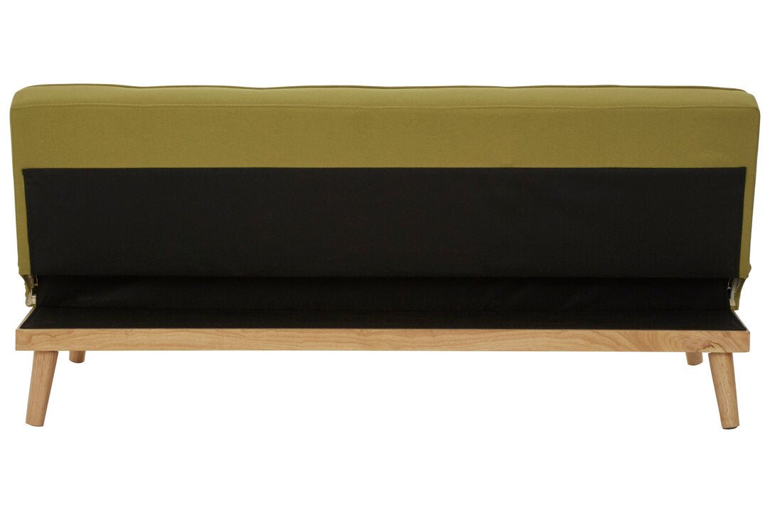 Back view of a lime green fabric sofa bed on a white background
