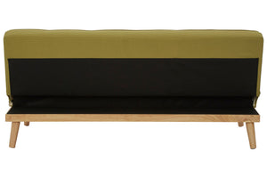 Back view of a lime green fabric sofa bed on a white background