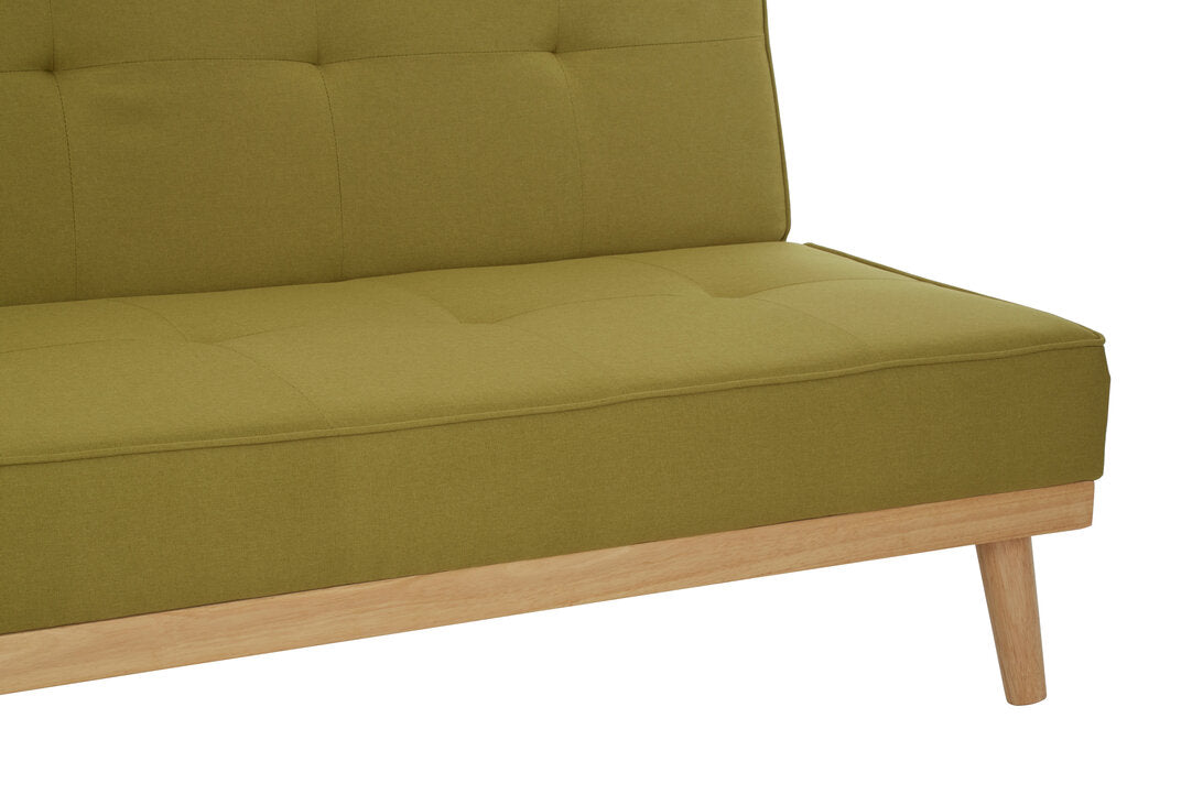 Lime green sofa bed with wooden legs on a white background
