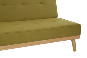 Lime green sofa bed with wooden legs on a white background