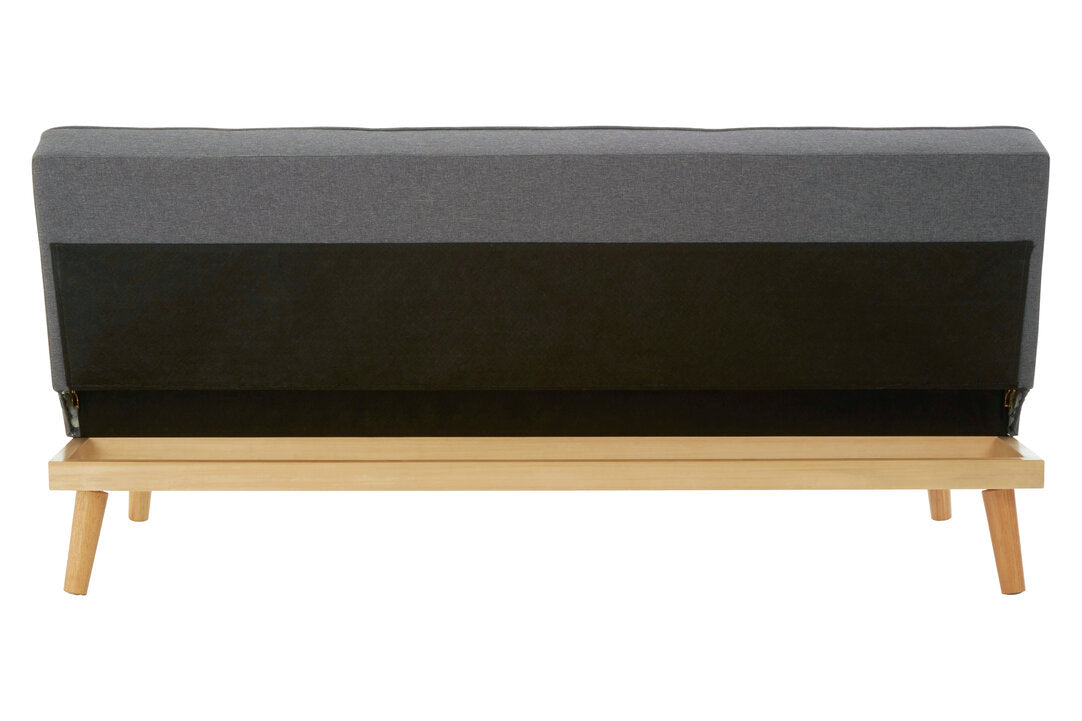 Back view of a grey fabric sofa bed with wooden frame on a white background