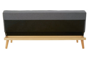 Back view of a grey fabric sofa bed with wooden frame on a white background