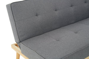 Gray sofa bed with natural wood frame