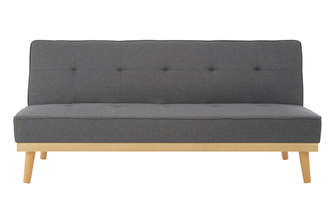 Front view of a gray sofa bed with wooden legs on a white background