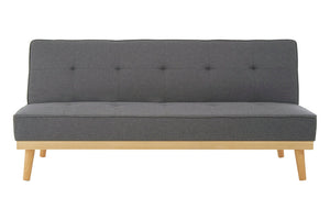 Front view of a gray sofa bed with wooden legs on a white background