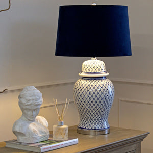 Malabar Blue And White Ceramic Lamp With Blue Velvet Shade