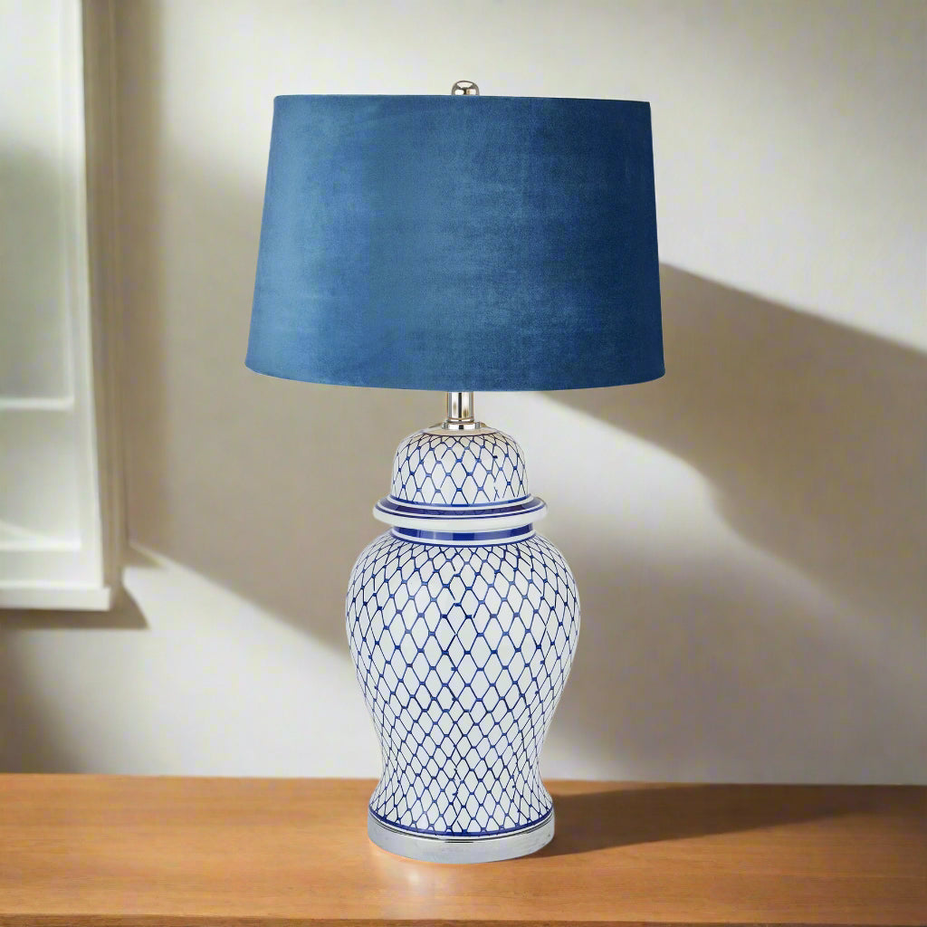 Malabar Blue And White Ceramic Lamp With Blue Velvet Shade